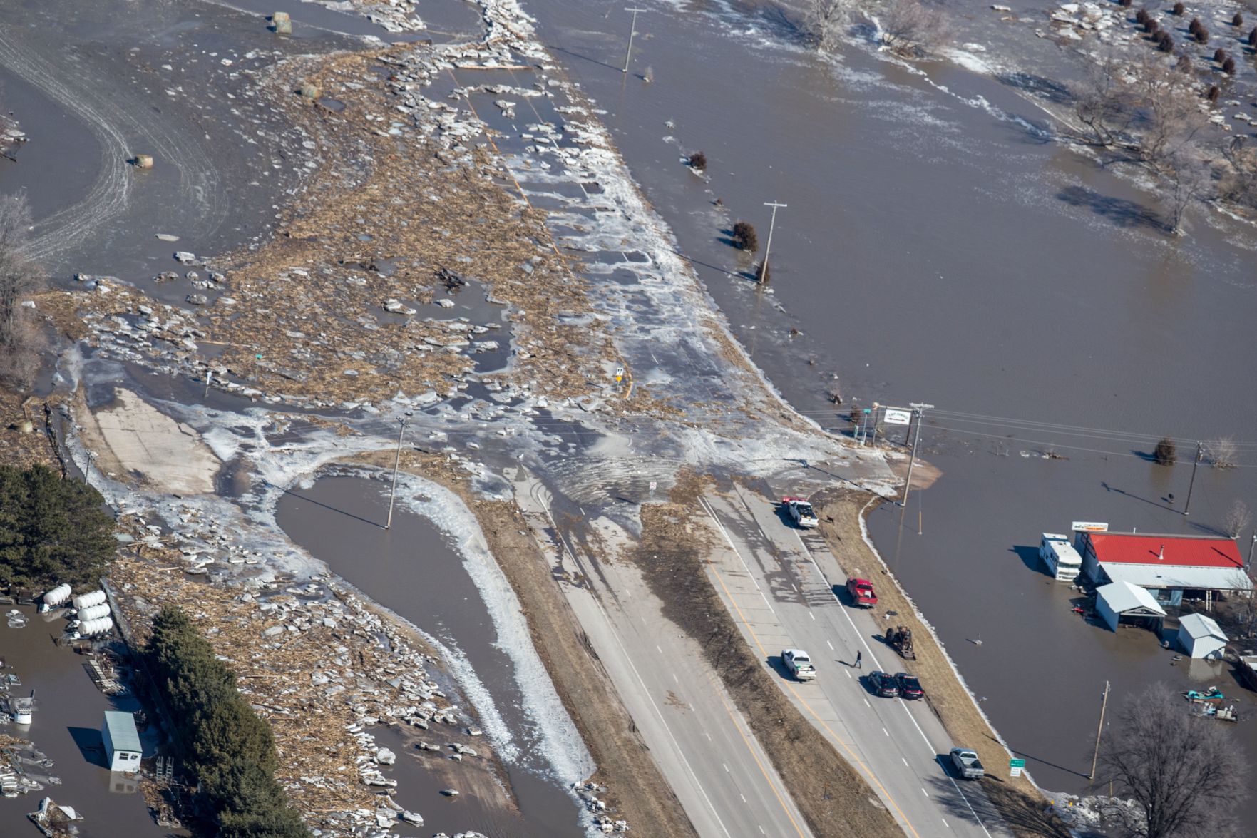 Highway 81 covered in floodwaters south of Columbus, Nebraska, on Friday.